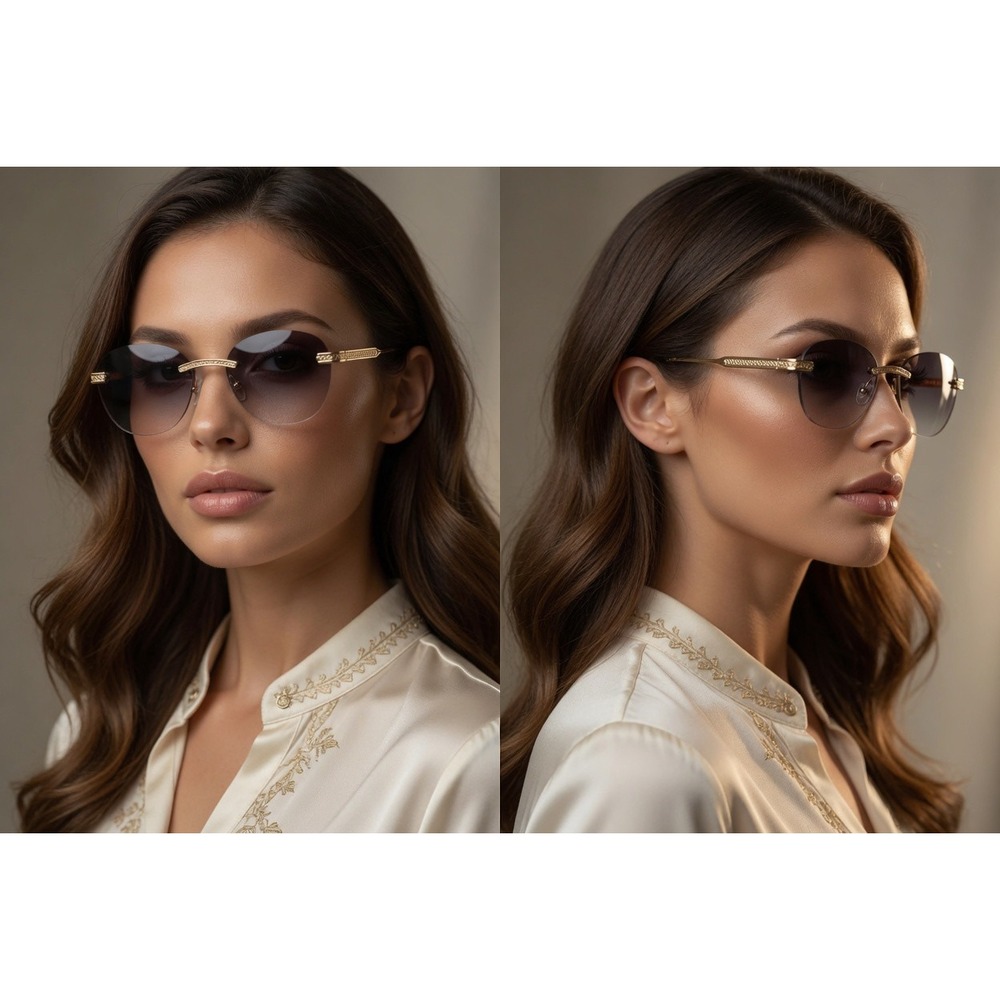 Women Gold Rimless Round Sunglasses Green Lens Textured Metal Frame‎ Elegant New